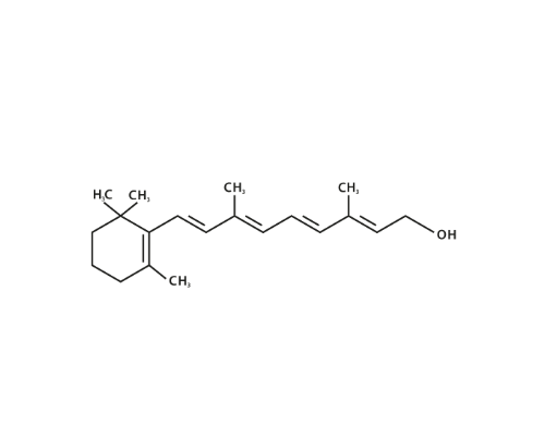 Chemical structure diagram of Retinol, a vitamin A derivative, shown as a black line drawing on a white background with the name 'Retinol' written above.