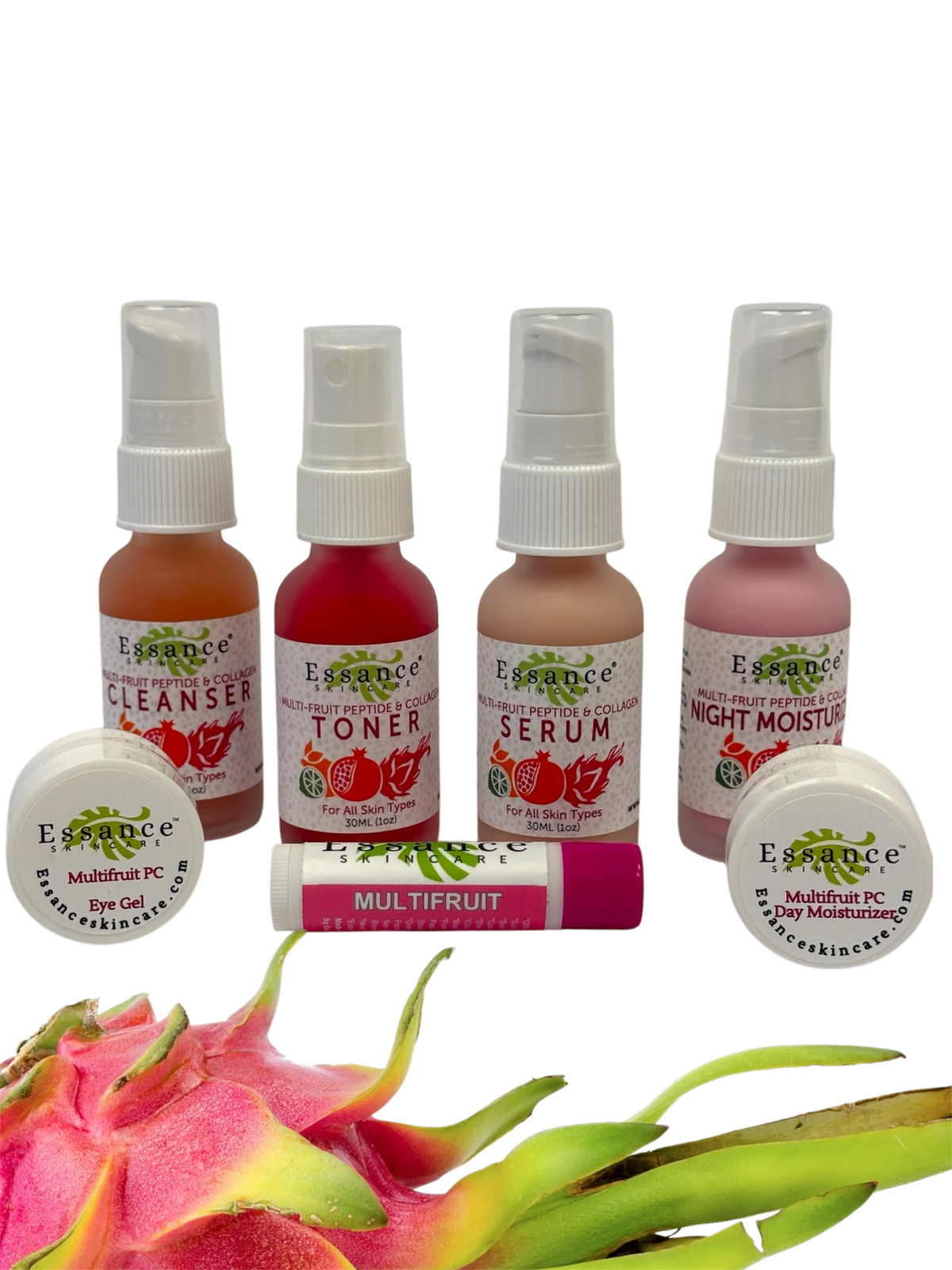 Essance Multi Fruit Peptide starter kit. The products include Cleanser, Toner, Serum, and Night Moisture, eye gel, lip balm, Day Moisturizer