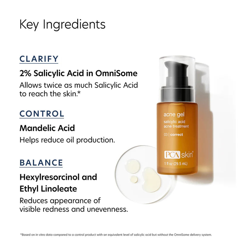 Key ingredients.  Clarify.  Salicylic Acid in OmniSome™ to reach the skin.  Control.  Mandelic Acid helps reduce oil production.  Balance.  Hexylresorcinol and Ethyl Linoeate reduce apprearance of visible redness and uneveness.