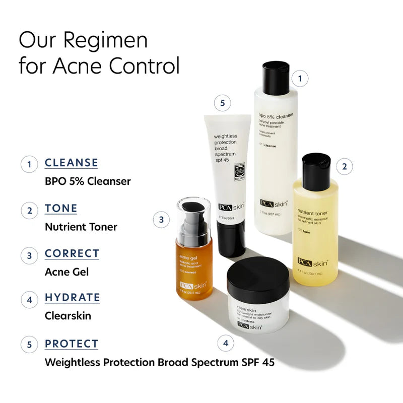 Regimin for acne control.  BPO 5% cleanser.  Nutrient Toner.  Acne Gel.  Clearskin.  Weightless Protection Broad-Spectrum SPF 45