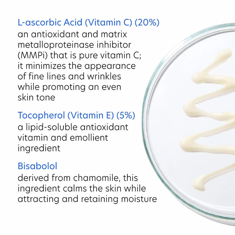 PCA SKIN C&E Strength Max Antioxidant Treatment featuring L-ascorbic Acid, Tocopherol, and Bisabolol ingredients.