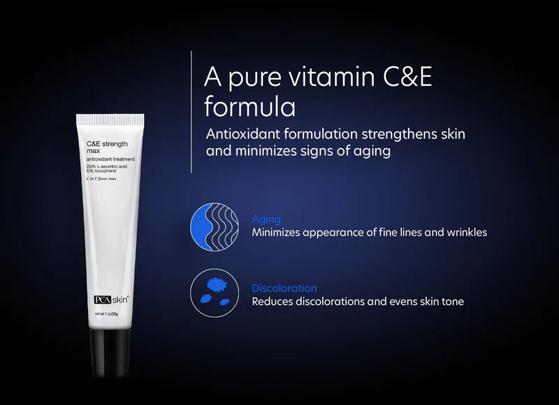 PCA SKIN C&E Strength Max Antioxidant Treatment.   A pure vitamin C&E formula on a dark background