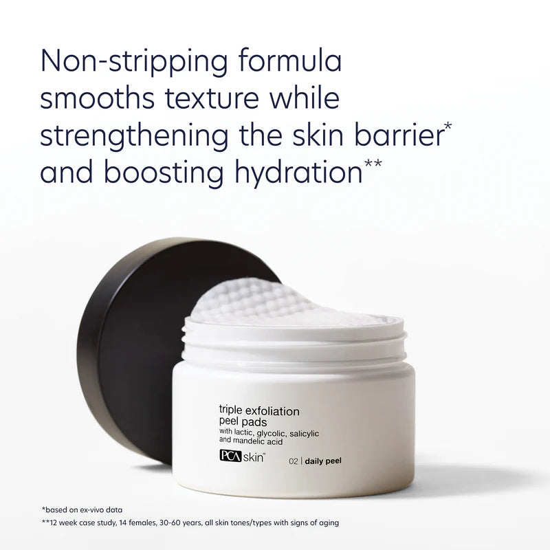 PCA SKIN Triple Exfoliation Peel Pads non-stripping formula smooths texture while strengthening the skin barrier and boosting hydration