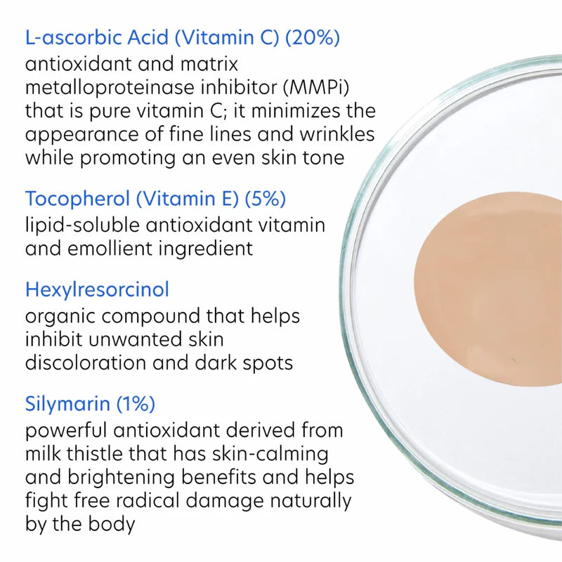 L-ascorbic Acid (Viatmin C) (20%), Tocopherol (Vitamin E) (5%), Hexylresocinol, Silymarin (1%)