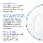 Niacinimde 6%, Mulberry Extract, Green Tea Extract, Oligopeptide-51, Plankton Extract.