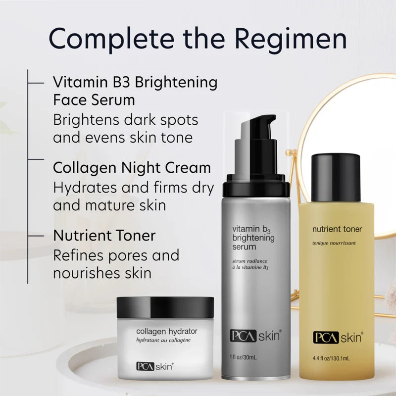 Complete the regimen.  Vitamin B3 Brightening Serum, Collagen Night Crea, Nutrient toner.